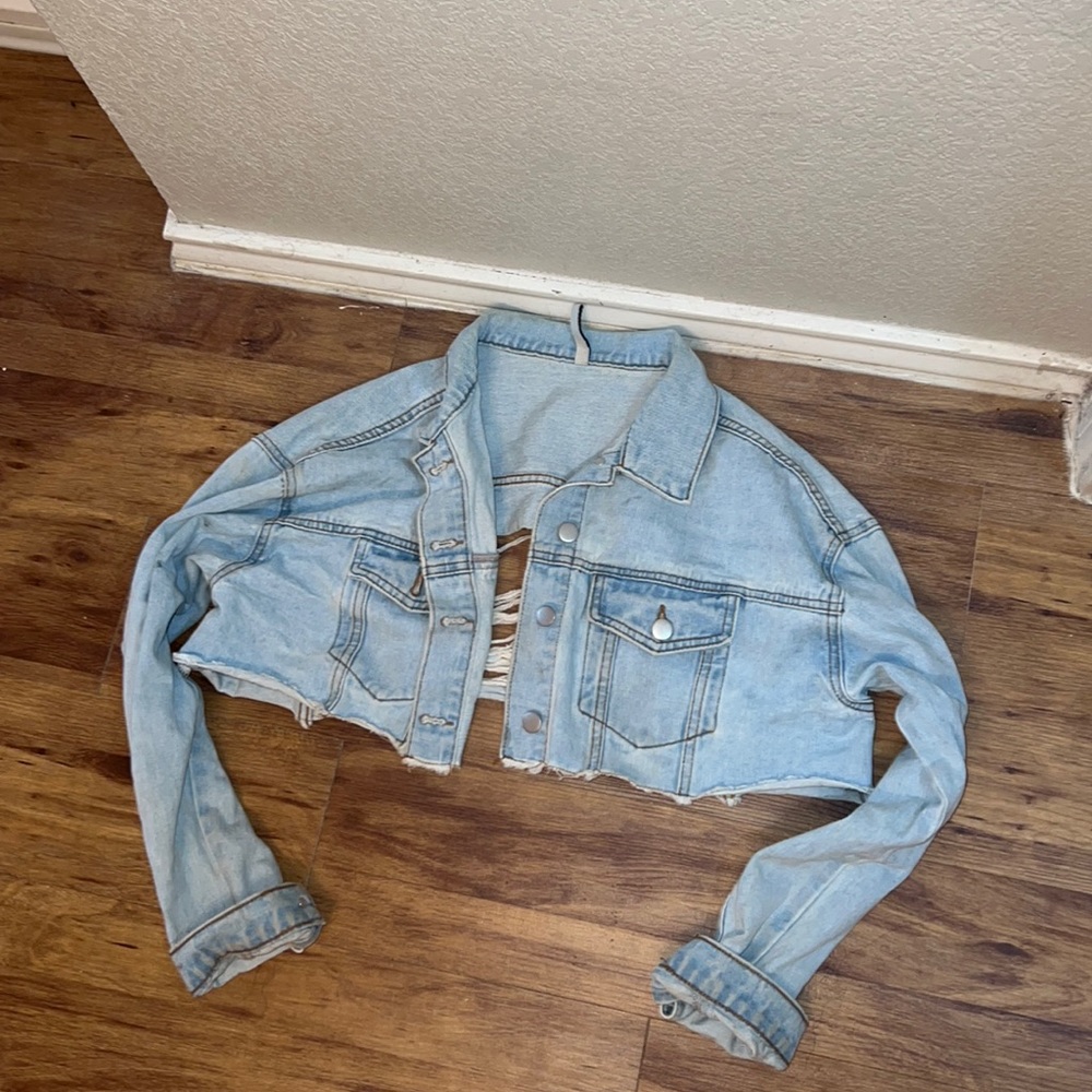 Cropped ripped jean jacket